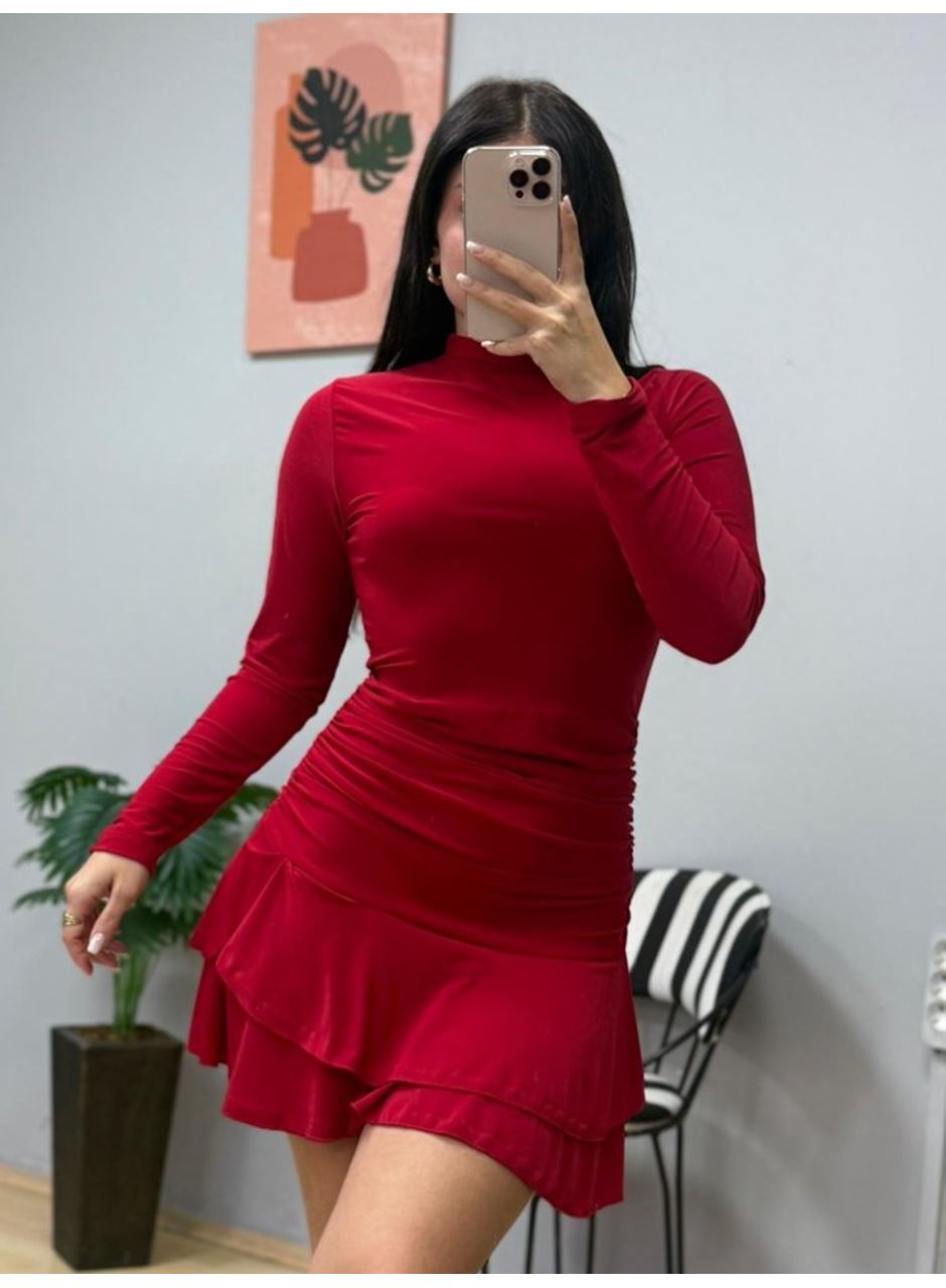 Kadın Uzun Kollu Balıkçı Yaka Mini Fırfırlı Sandy Elbise