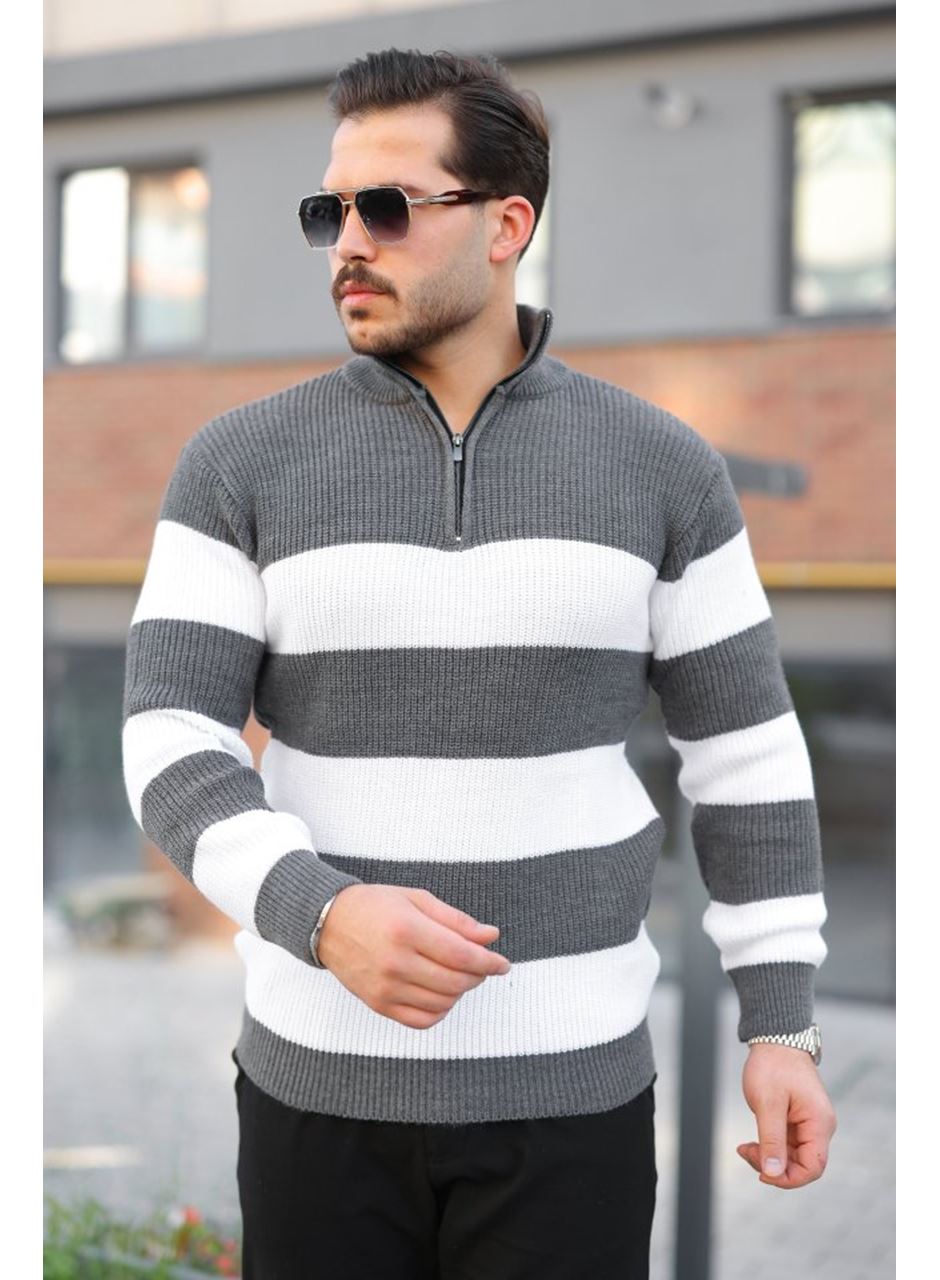 Erkek Şerit Renk Desenli Zip Yaka Kazak