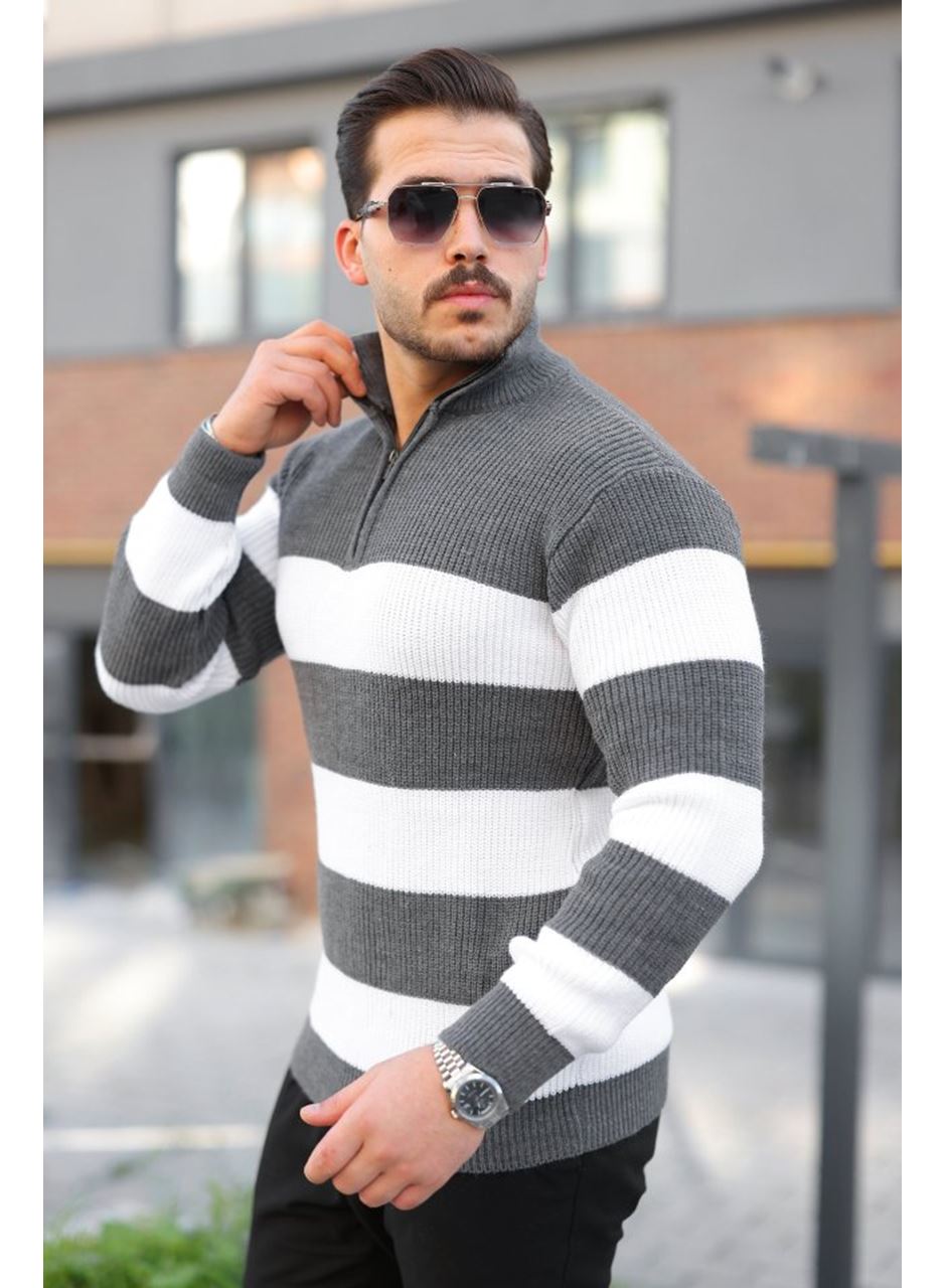 Erkek Şerit Renk Desenli Zip Yaka Kazak