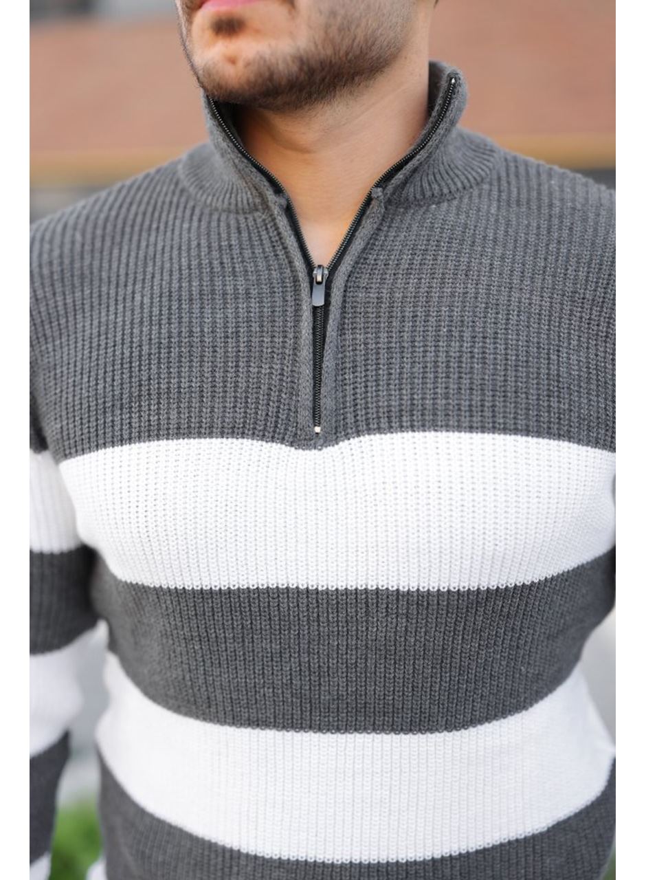 Erkek Şerit Renk Desenli Zip Yaka Kazak