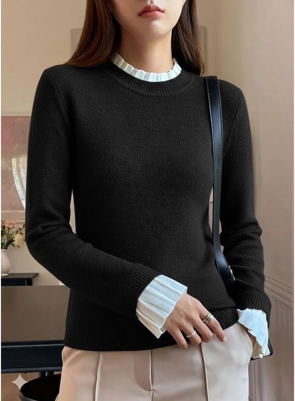 Kadın Uzun Kollu Fırfırlı Yakalı Triko Bluz