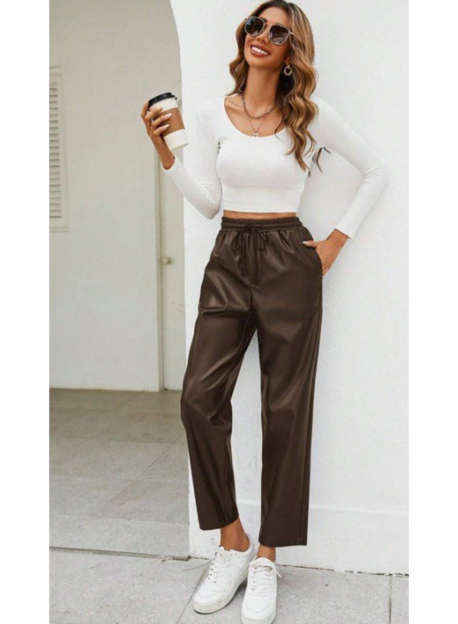 Kadın Yüksel Bel Bağcıklı Deri Pantolon