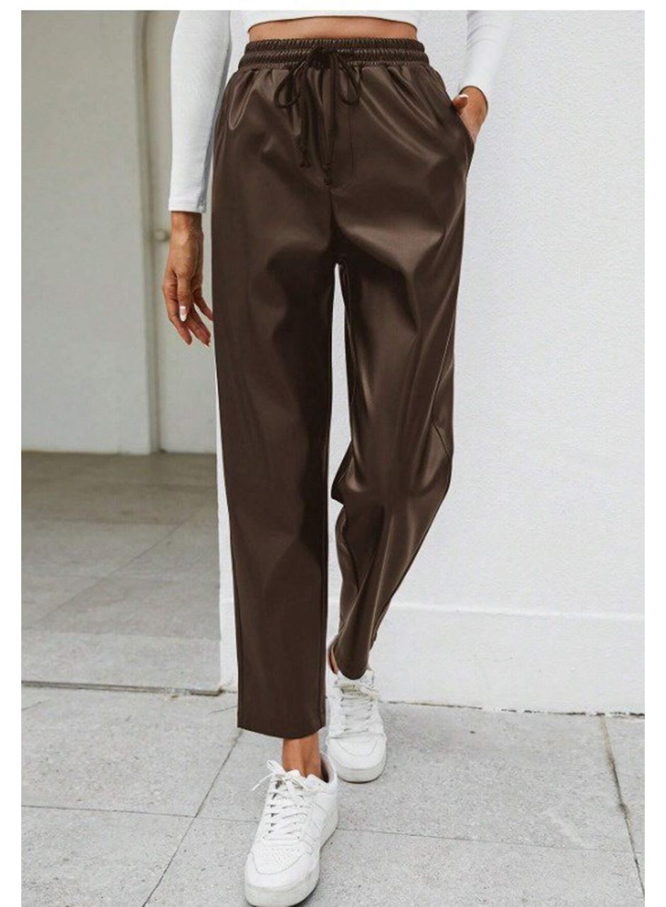 Kadın Yüksel Bel Bağcıklı Deri Pantolon