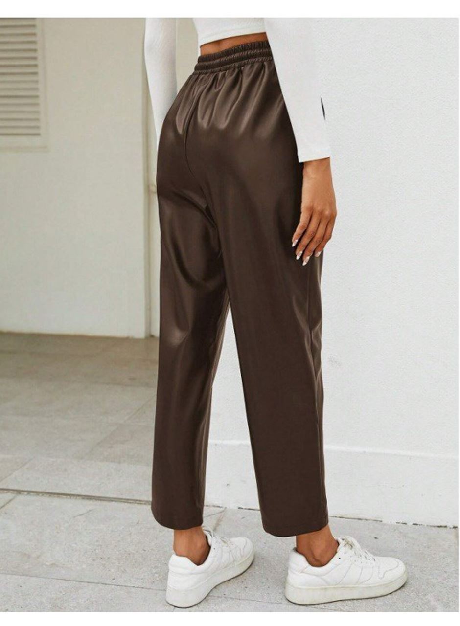 Kadın Yüksel Bel Bağcıklı Deri Pantolon