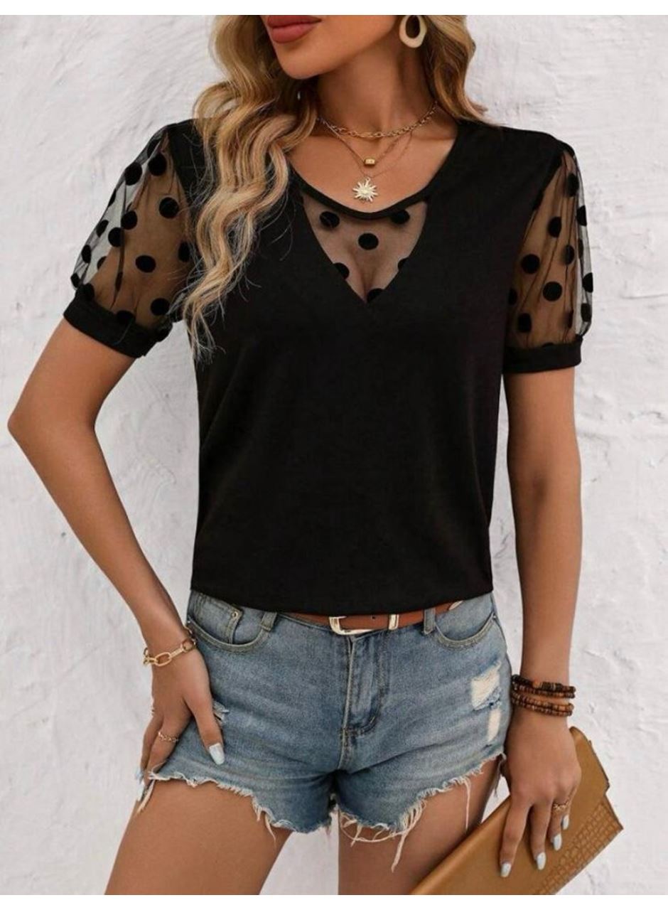 Kadın Puantiyeli Tül Kol Detay Sandy Kumaş Bluz