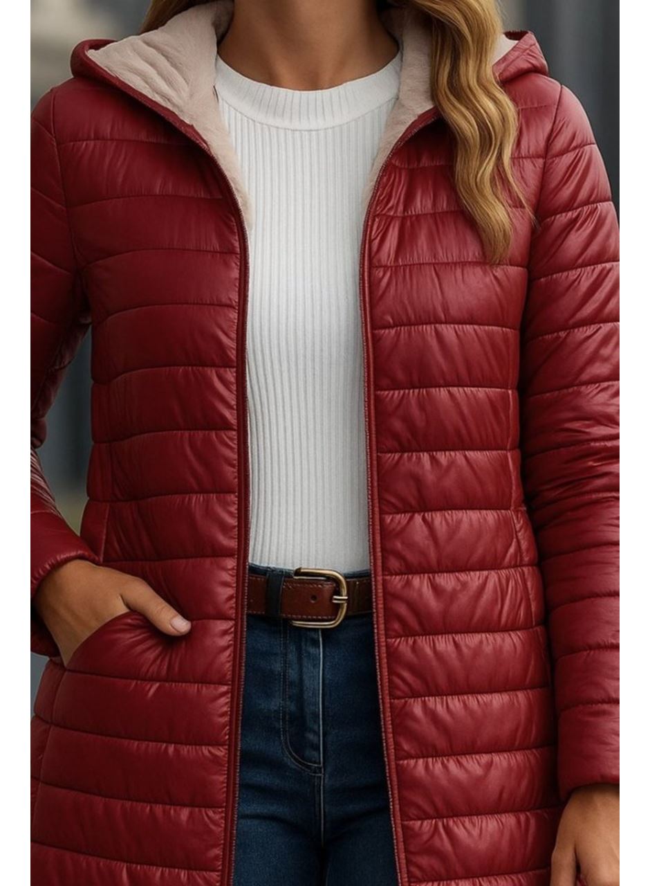 Kadın Uzun Kollu Kapşonlu Cep Detaylı Fermuarlı Orta Boy Mont