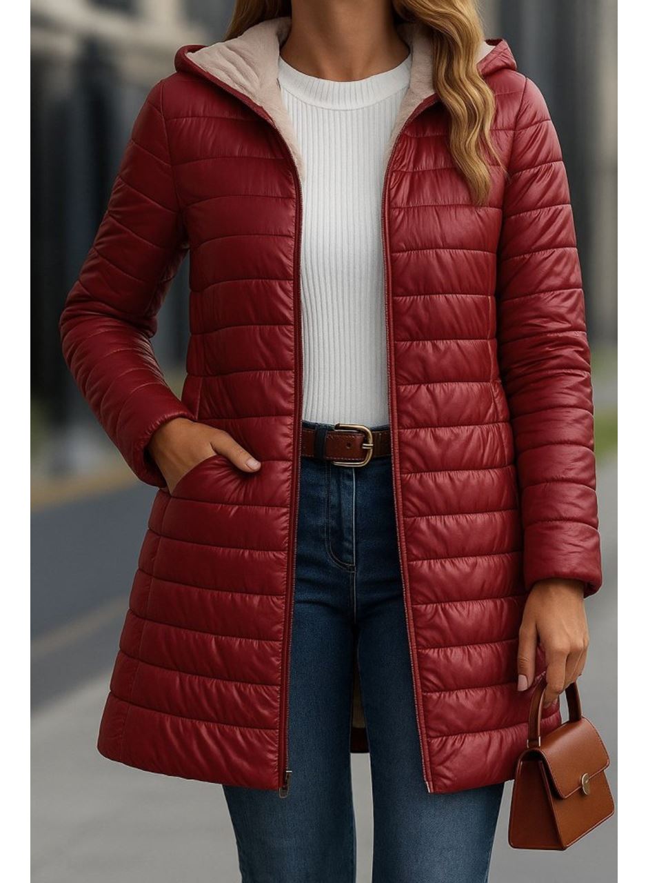 Kadın Uzun Kollu Kapşonlu Cep Detaylı Fermuarlı Orta Boy Mont