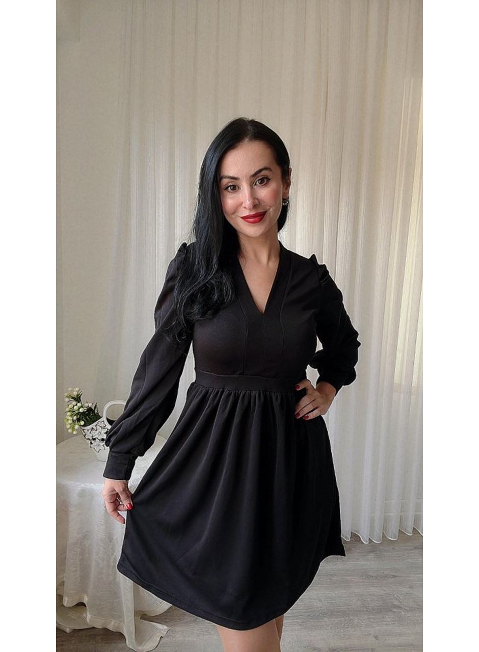 Kadın Uzun Kollu V Yaka Belden Hafif Pileli Scuba Krep Mini Boy Elbise