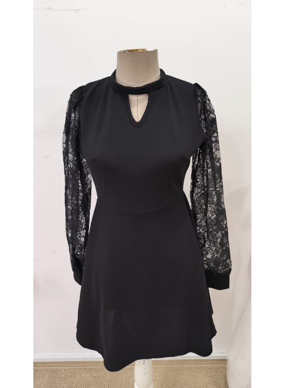 Kadın Uzun Kollu Yuvarlak Damla Detaylı Kolları Tül Detaylı Kısa Ithal Krep Elbise