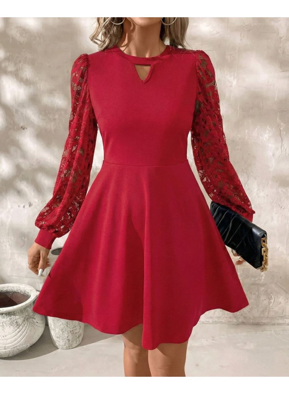 Kadın Uzun Kollu Yuvarlak Damla Detaylı Kolları Tül Detaylı Kısa Ithal Krep Elbise