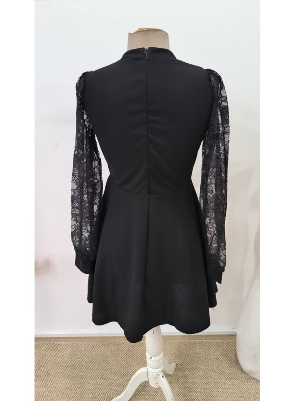 Kadın Uzun Kollu Yuvarlak Damla Detaylı Kolları Tül Detaylı Kısa Ithal Krep Elbise