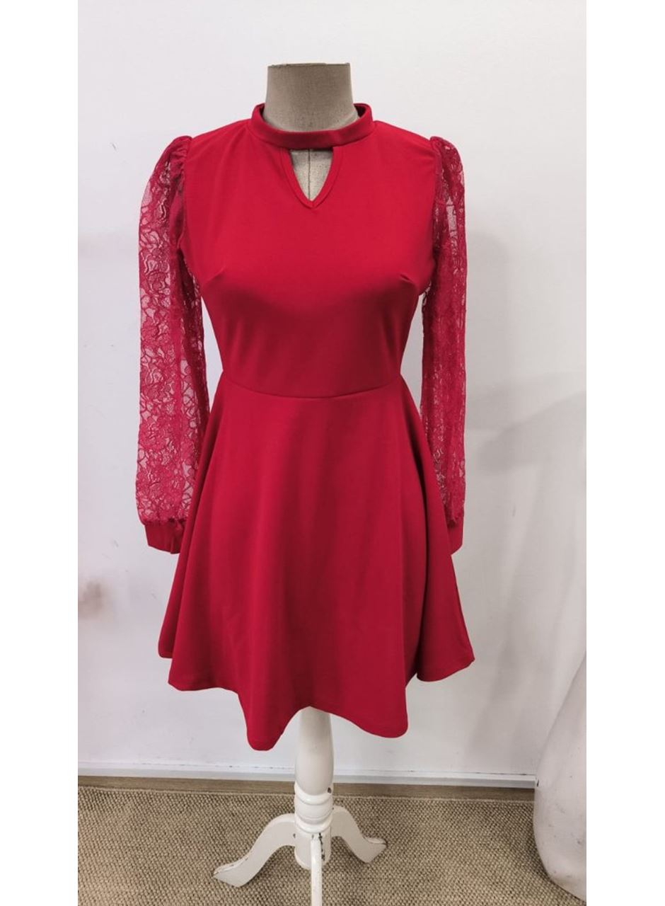 Kadın Uzun Kollu Yuvarlak Damla Detaylı Kolları Tül Detaylı Kısa Ithal Krep Elbise