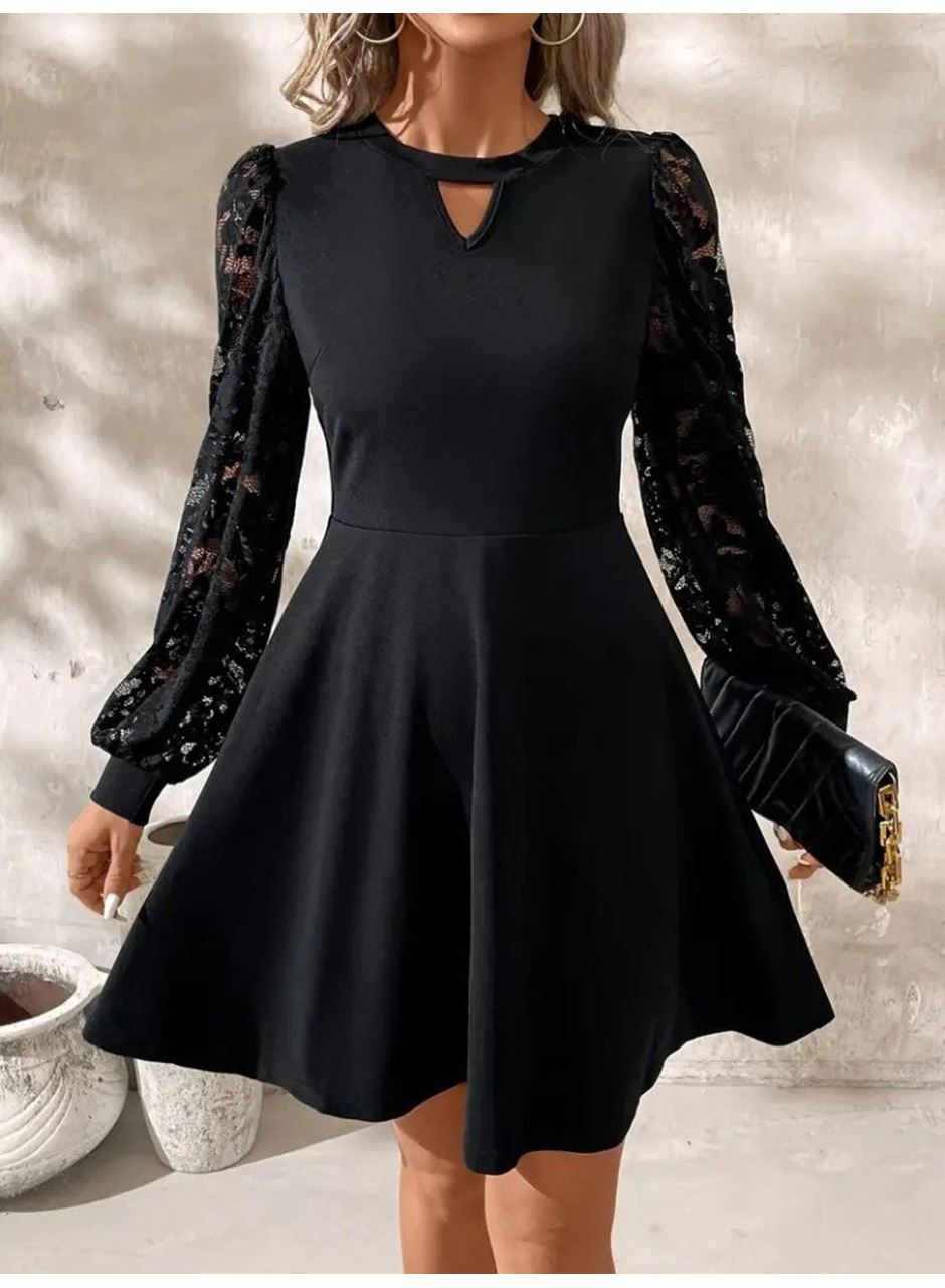 Kadın Uzun Kollu Yuvarlak Damla Detaylı Kolları Tül Detaylı Kısa Ithal Krep Elbise