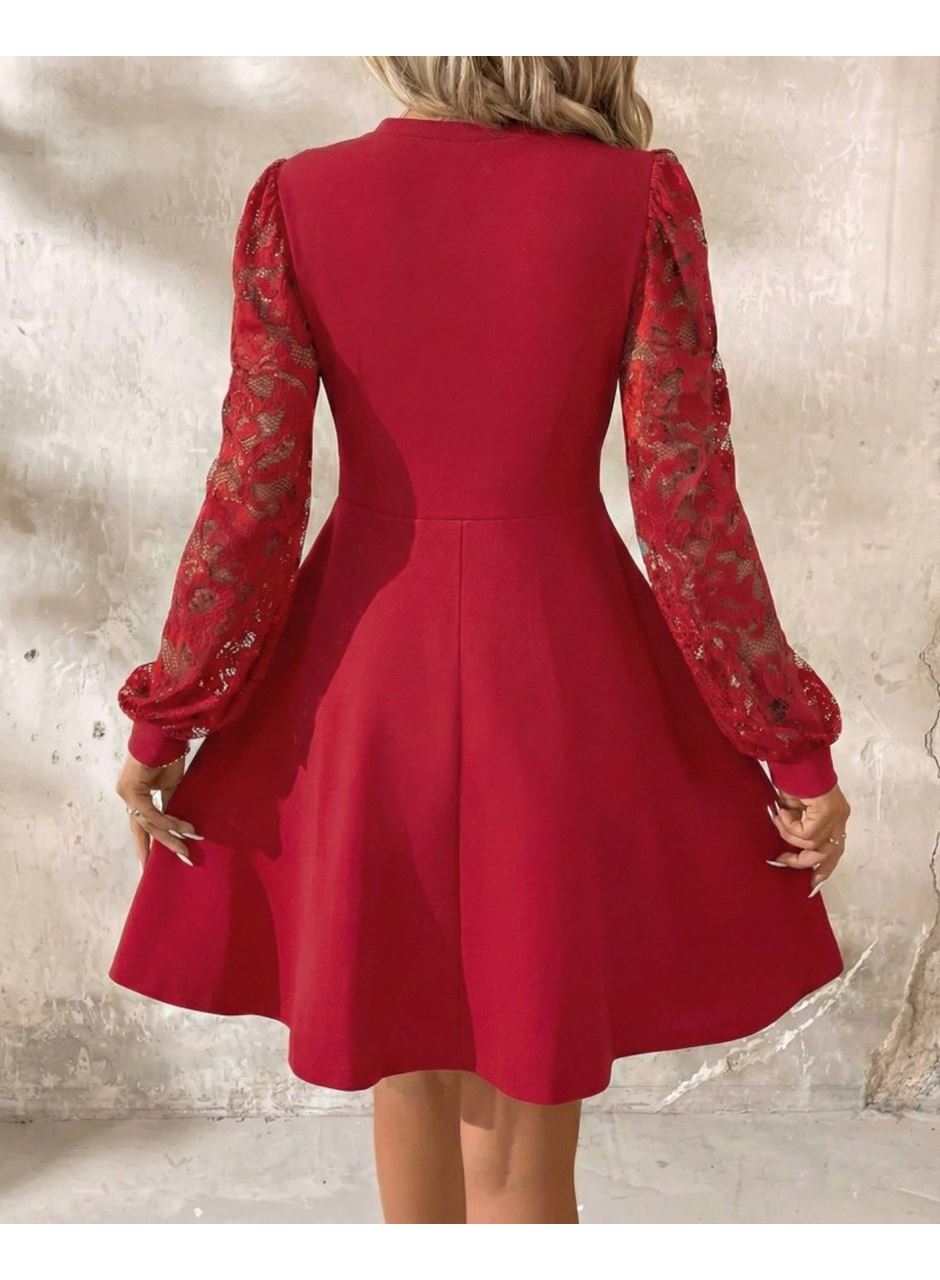 Kadın Uzun Kollu Yuvarlak Damla Detaylı Kolları Tül Detaylı Kısa Ithal Krep Elbise