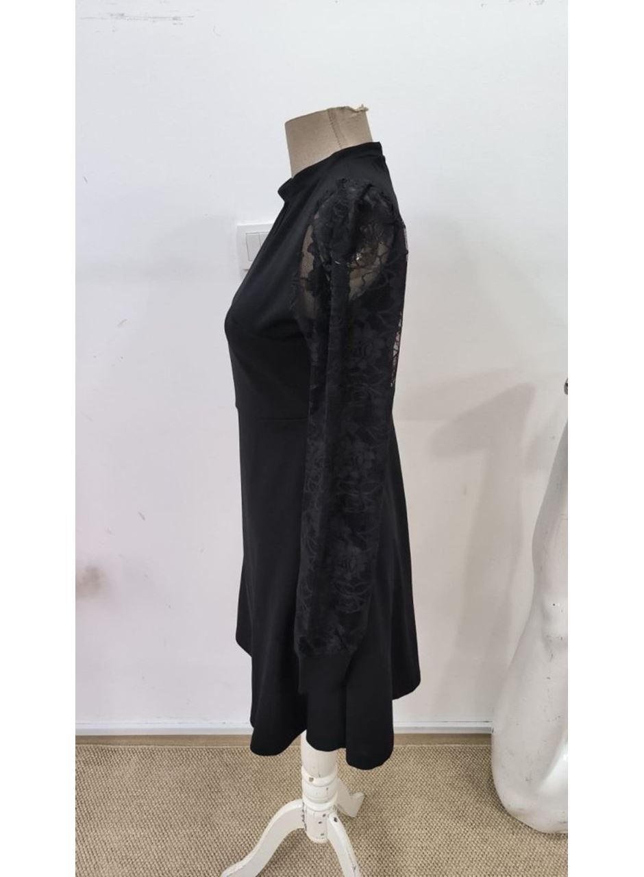 Kadın Uzun Kollu Yuvarlak Damla Detaylı Kolları Tül Detaylı Kısa Ithal Krep Elbise