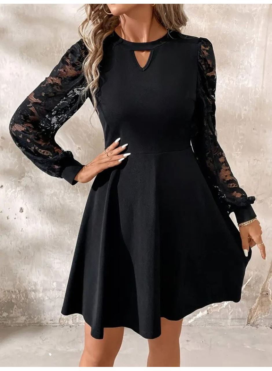 Kadın Uzun Kollu Yuvarlak Damla Detaylı Kolları Tül Detaylı Kısa Ithal Krep Elbise