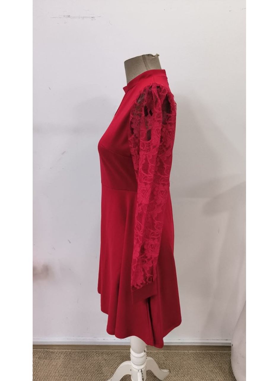 Kadın Uzun Kollu Yuvarlak Damla Detaylı Kolları Tül Detaylı Kısa Ithal Krep Elbise