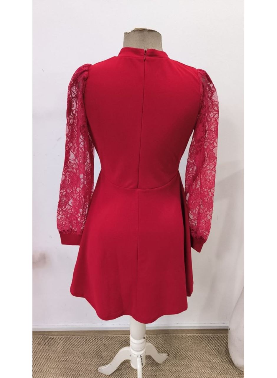 Kadın Uzun Kollu Yuvarlak Damla Detaylı Kolları Tül Detaylı Kısa Ithal Krep Elbise