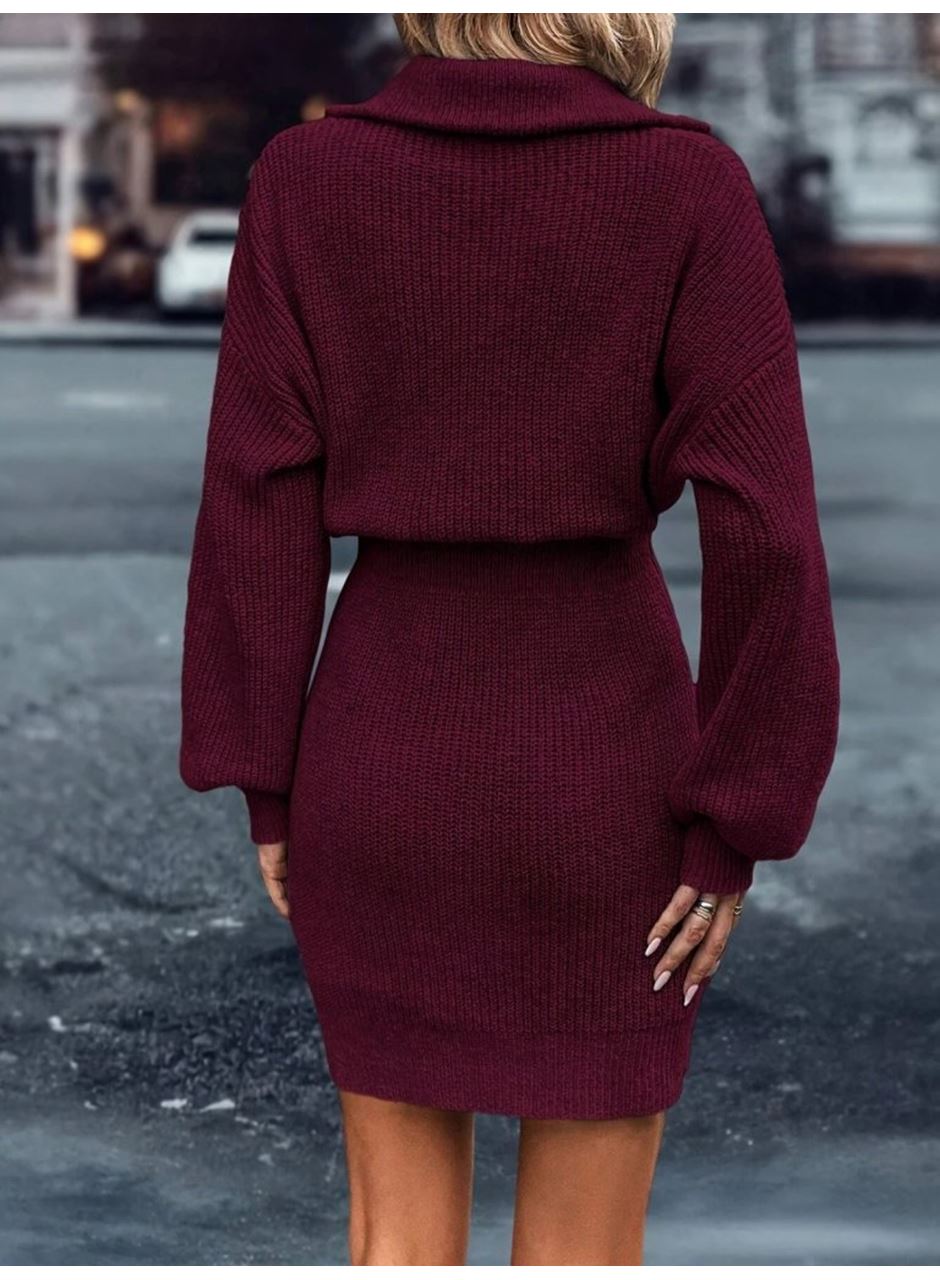 Kadın Uzun Kollu Yakası Fermuarlı Mini Triko Elbise