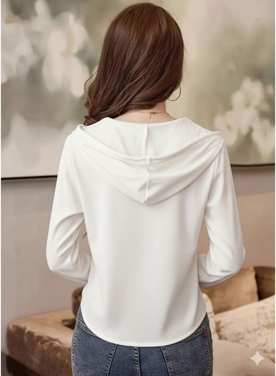 Kadın Uzun Kollu Kapşonlu Bağcıklı Düğmeli Viskon Iki Iplik Bluz