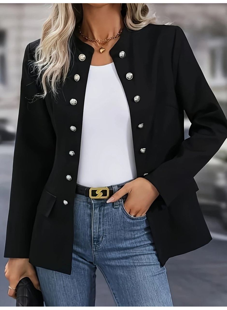 Kadın Uzun Kollu Hakim Yaka önden Düğmeli Kısa Atlas Ceket