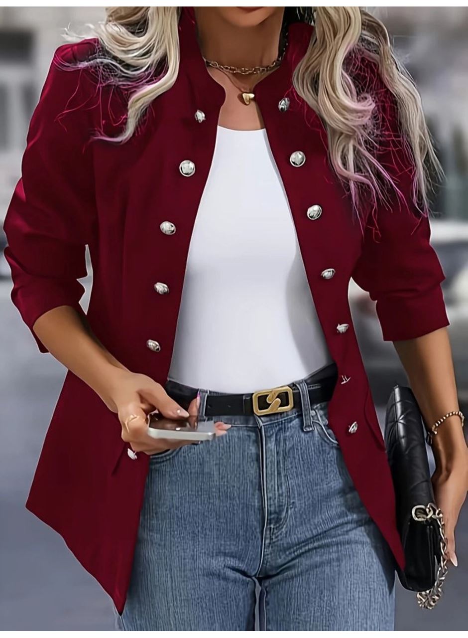 Kadın Uzun Kollu Hakim Yaka önden Düğmeli Kısa Atlas Ceket