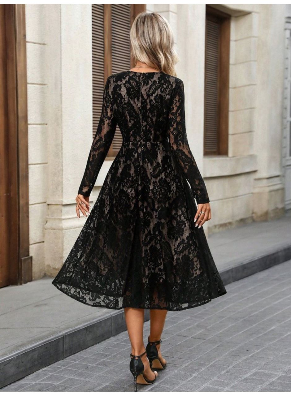 Kadın Uzun Kollu Bisiklet Yaka Dantelli Astarlı Midi Elbise