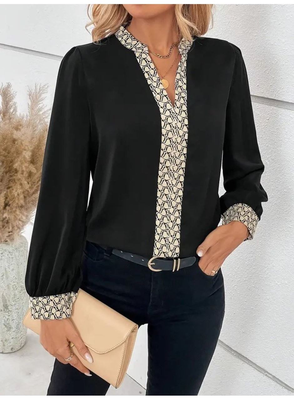 Kadın Uzun Kollu V Hakim Yakalı Desenli Ithal Krep Bluz