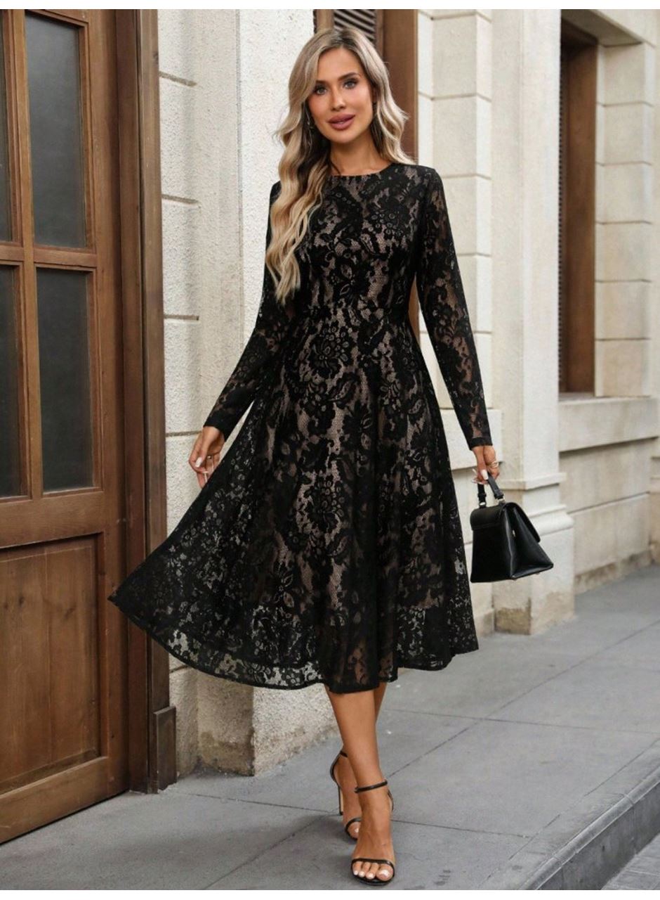 Kadın Uzun Kollu Bisiklet Yaka Dantelli Astarlı Midi Elbise