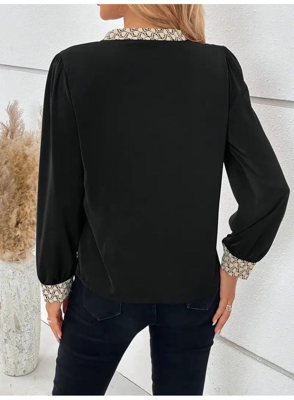 Kadın Uzun Kollu V Hakim Yakalı Desenli Ithal Krep Bluz