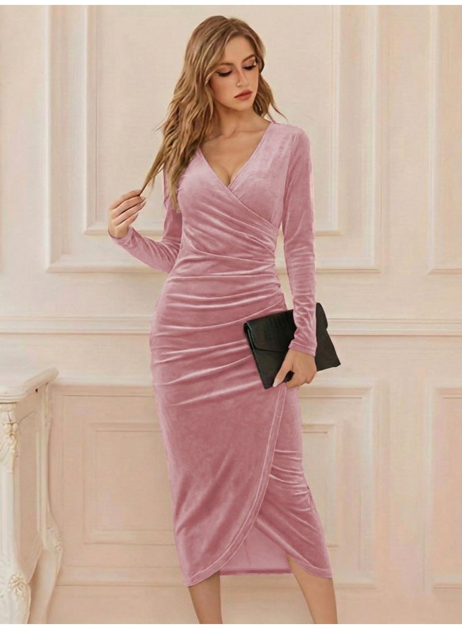 Kadın Uzun Kollu Kruvaze Yaka Belden Büzgü Detay Midi Kadife Elbise