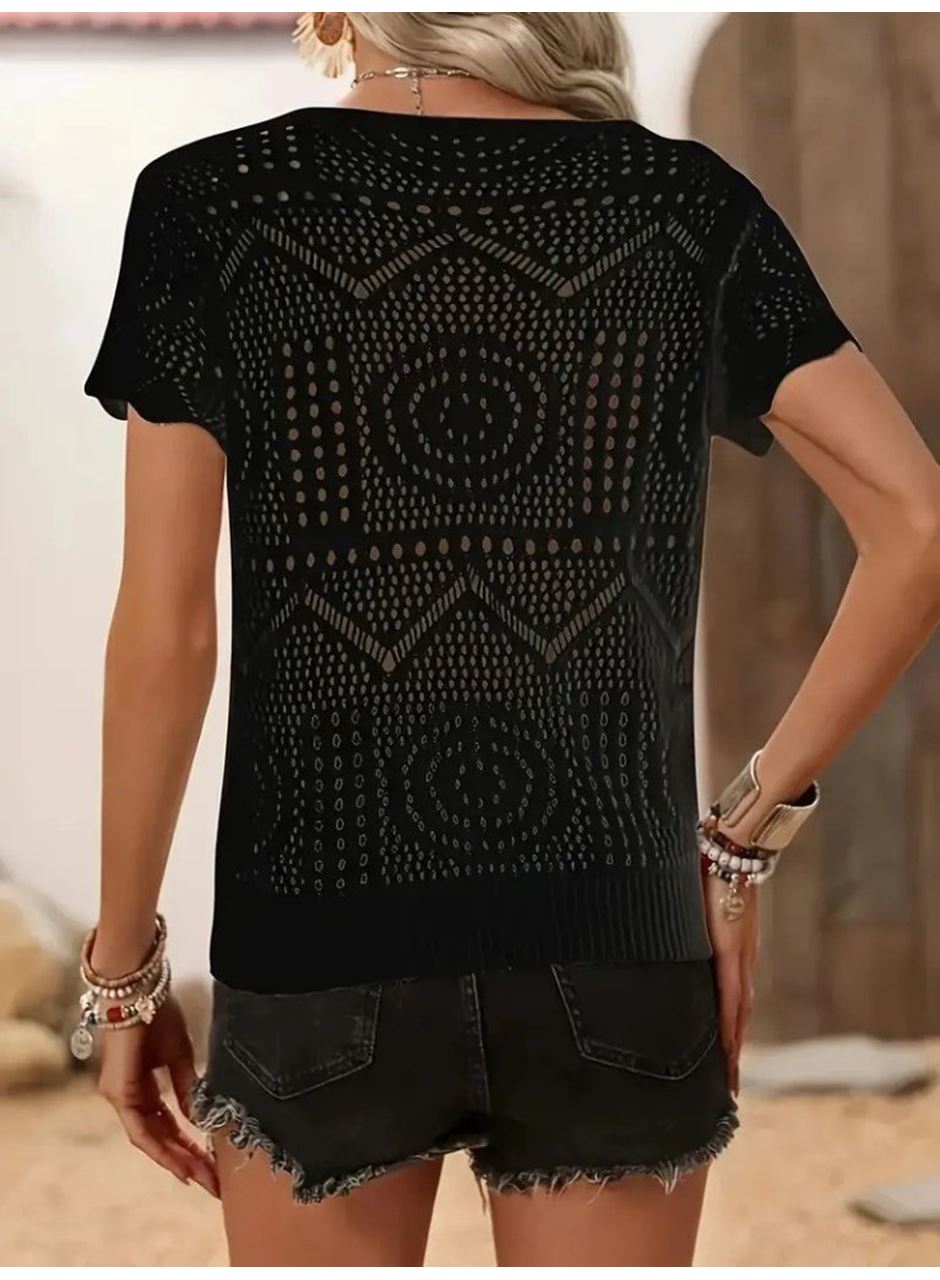 Kadın Kısa Kollu Bisiklet Yaka Desenli Triko Bluz
