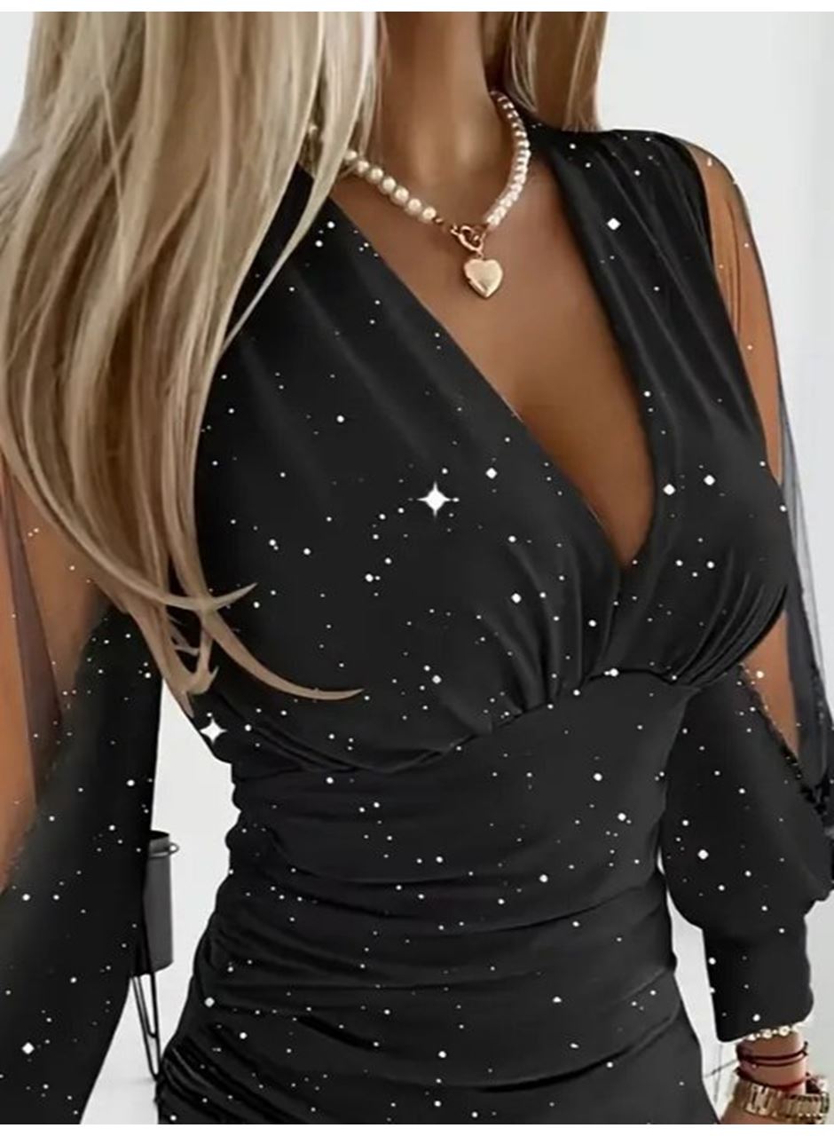 Kadın Uzun Kollu V Yakalısim Detaylı Mini Sandy Elbise