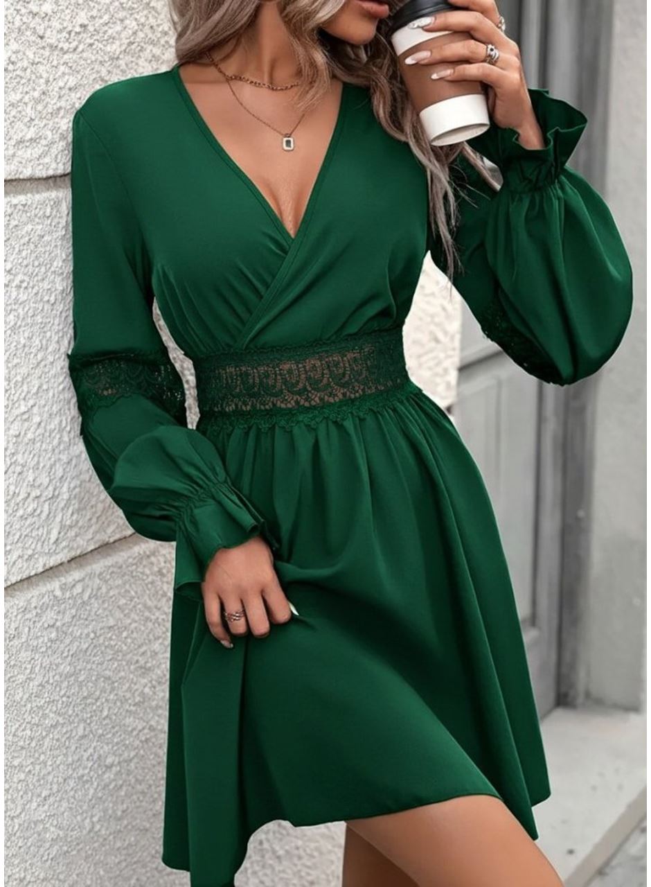 Kadın Uzun Kollu Kruvaze Yakalı Dantelli Fermuar Detaylı Mini Ithal Krep Elbise