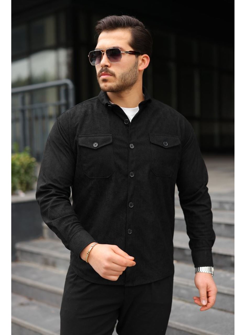 Erkek Uzun Kollu Cepli Kadife Gömlek