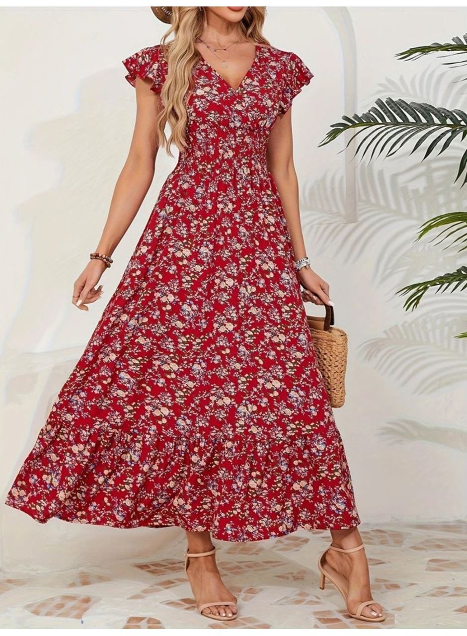 Kadın Kısa Kollu Kruvaze Yaka Beli Lastikli çiçek Desenli Elbise