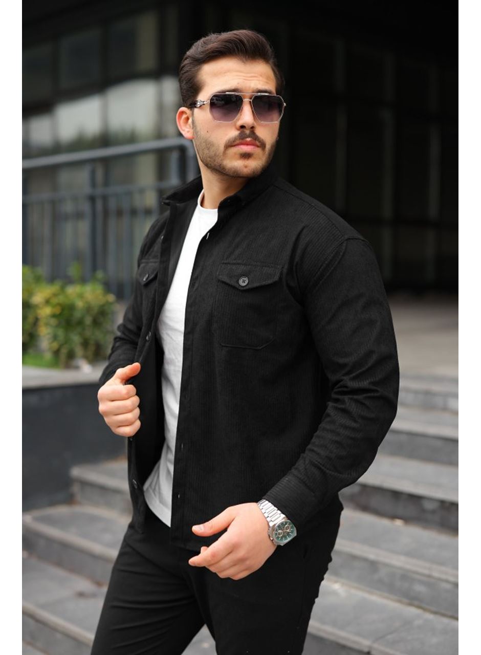 Erkek Uzun Kollu Cepli Kadife Gömlek