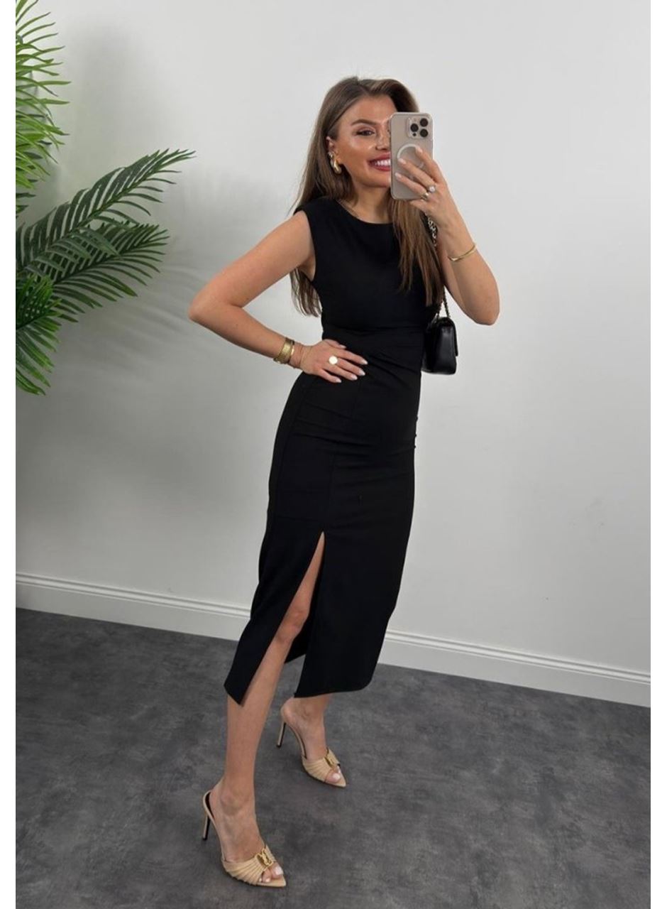 Kadın Askılı Kolsuz Belden Büzgülü Yırtmaçlı Midi Janjan Krep Elbise