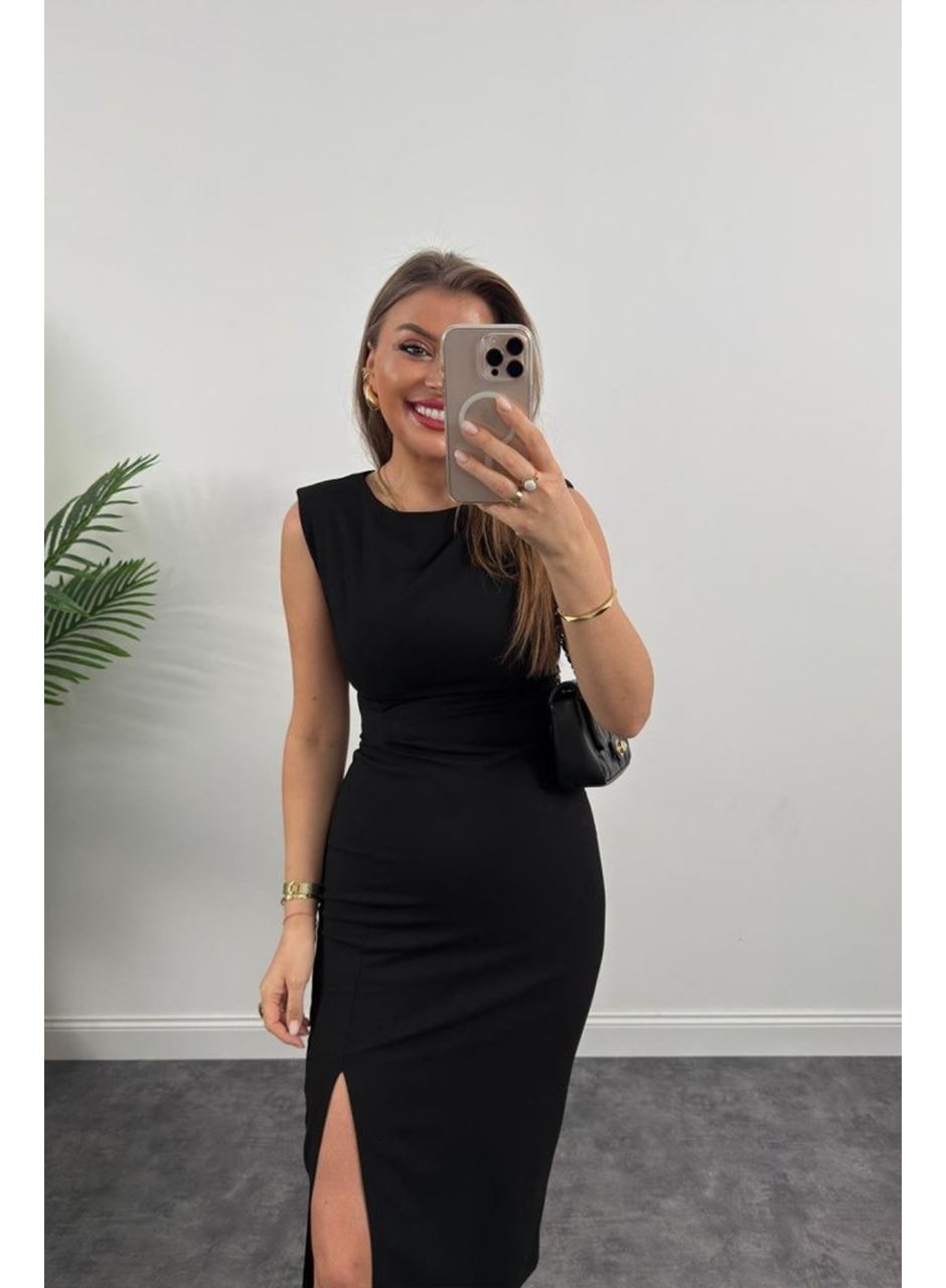 Kadın Askılı Kolsuz Belden Büzgülü Yırtmaçlı Midi Janjan Krep Elbise