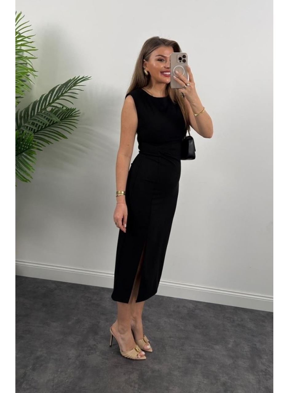 Kadın Askılı Kolsuz Belden Büzgülü Yırtmaçlı Midi Janjan Krep Elbise