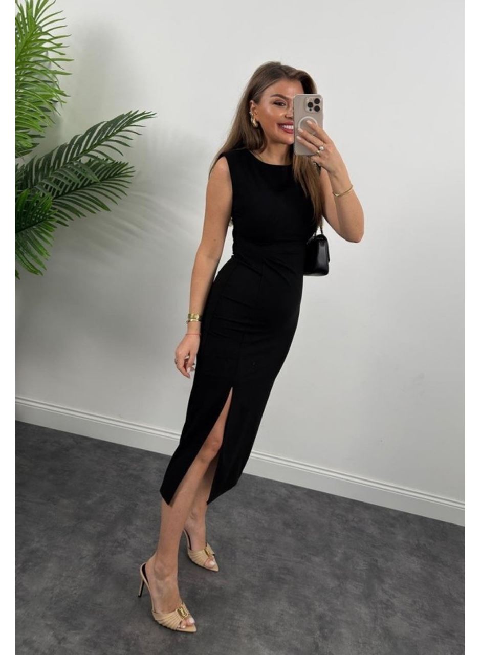 Kadın Askılı Kolsuz Belden Büzgülü Yırtmaçlı Midi Janjan Krep Elbise