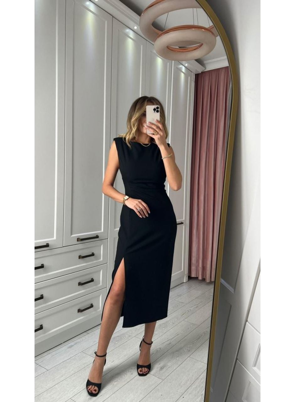 Kadın Askılı Kolsuz Belden Büzgülü Yırtmaçlı Midi Janjan Krep Elbise