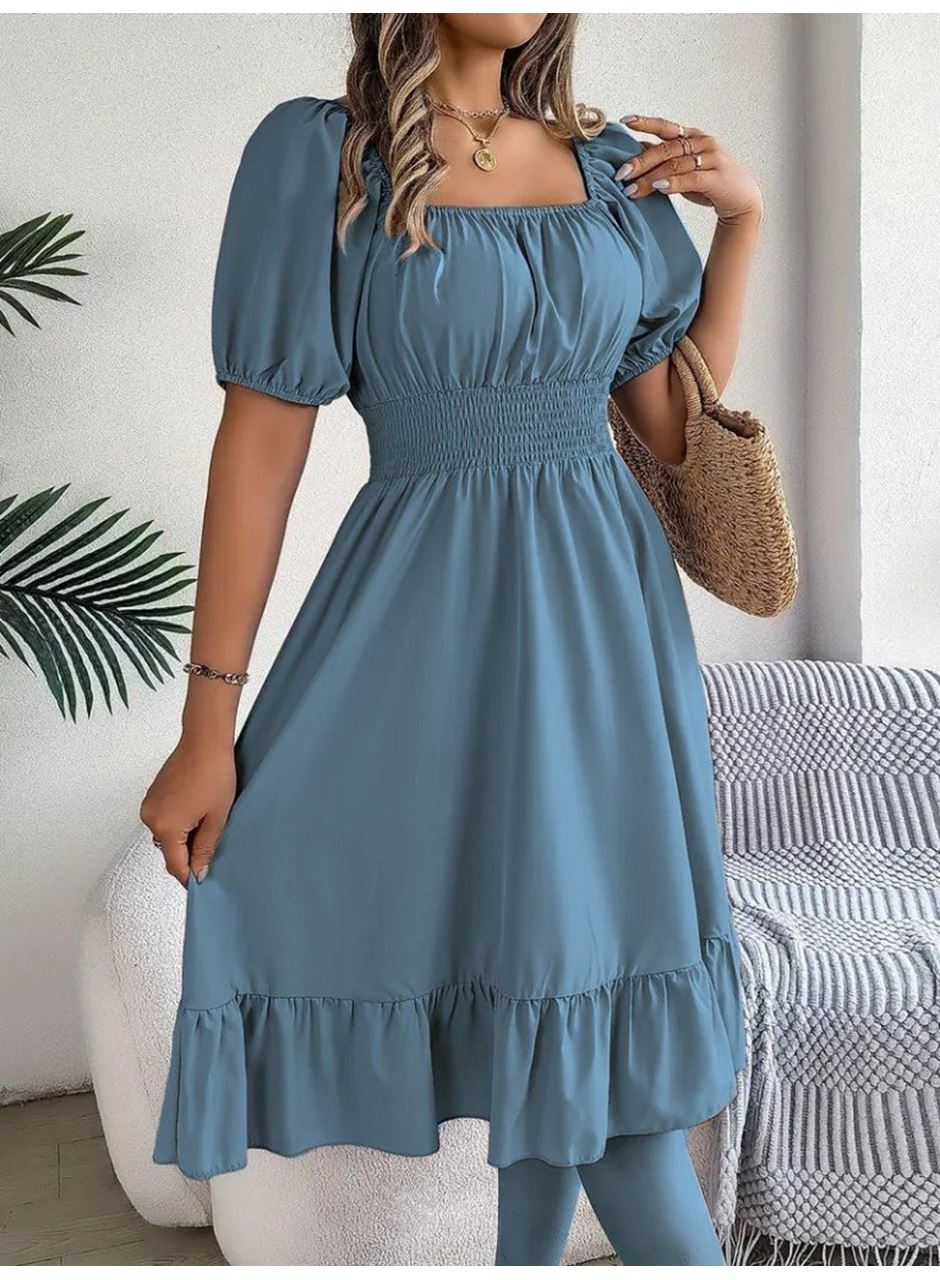 Kadın Kısa Kollu Kare Yakalı Beli Lastikli Kısa Trikoton Elbise