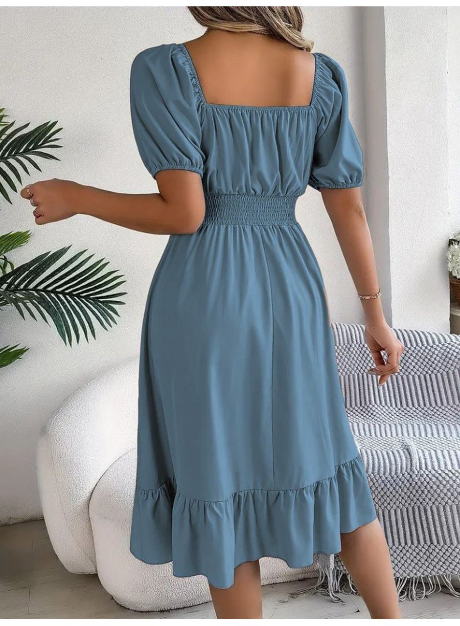 Kadın Kısa Kollu Kare Yakalı Beli Lastikli Kısa Trikoton Elbise