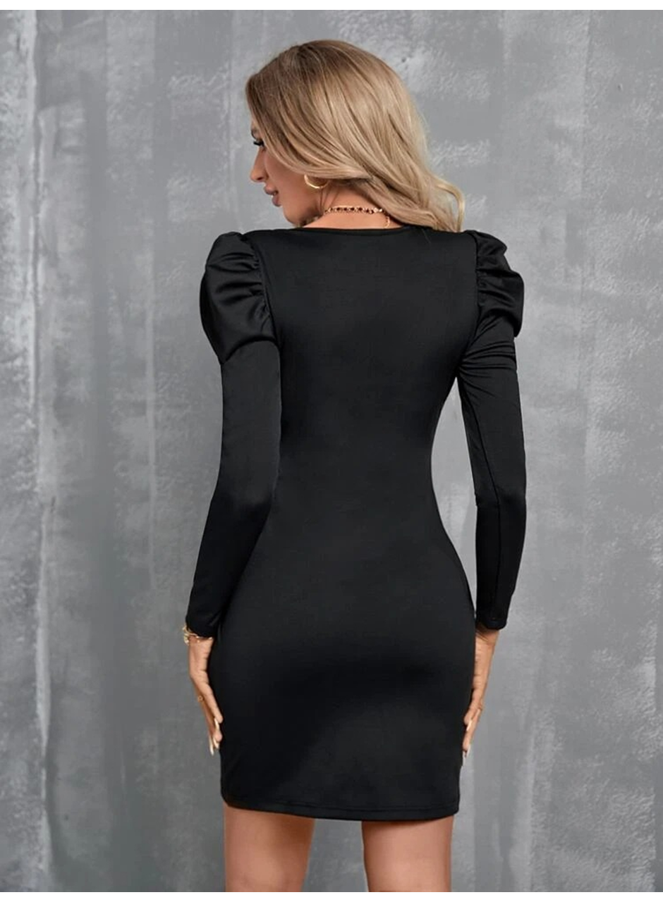 Kadın Uzun Kollu Kruvaze Yaka Kol Detaylı Ithal Krep Mini Elbise