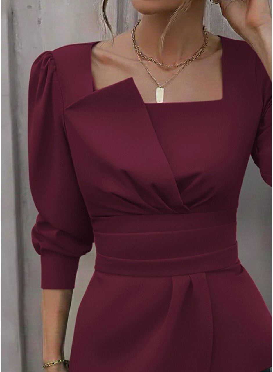 Kadın Uzun Kollu Geometrik Yakalı Belden Oturmalı Ithal Krep Bluz