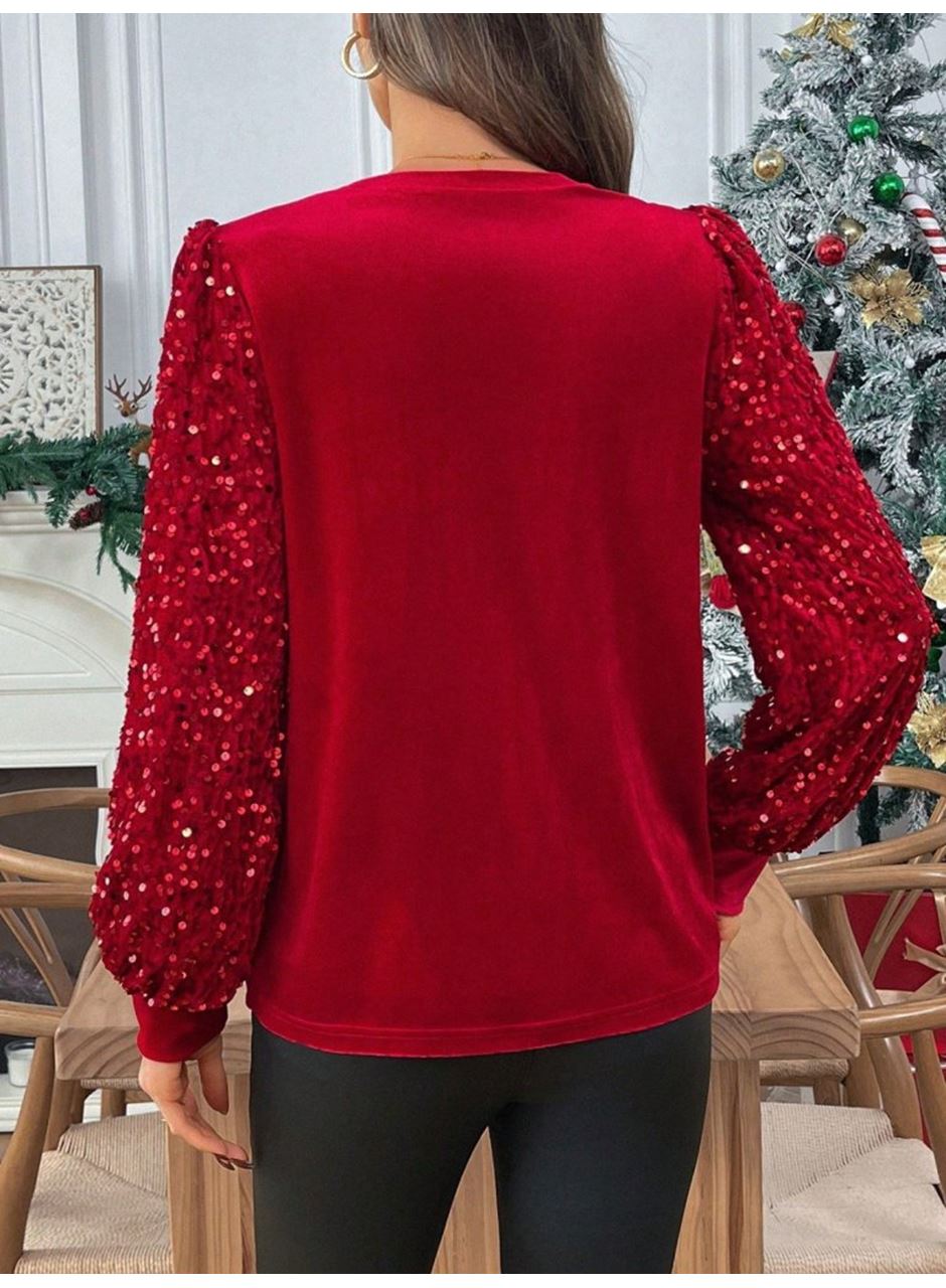 Kadın Uzun Kollu Bisiklet Yaka Kollar Pulpayet Kadife Bluz