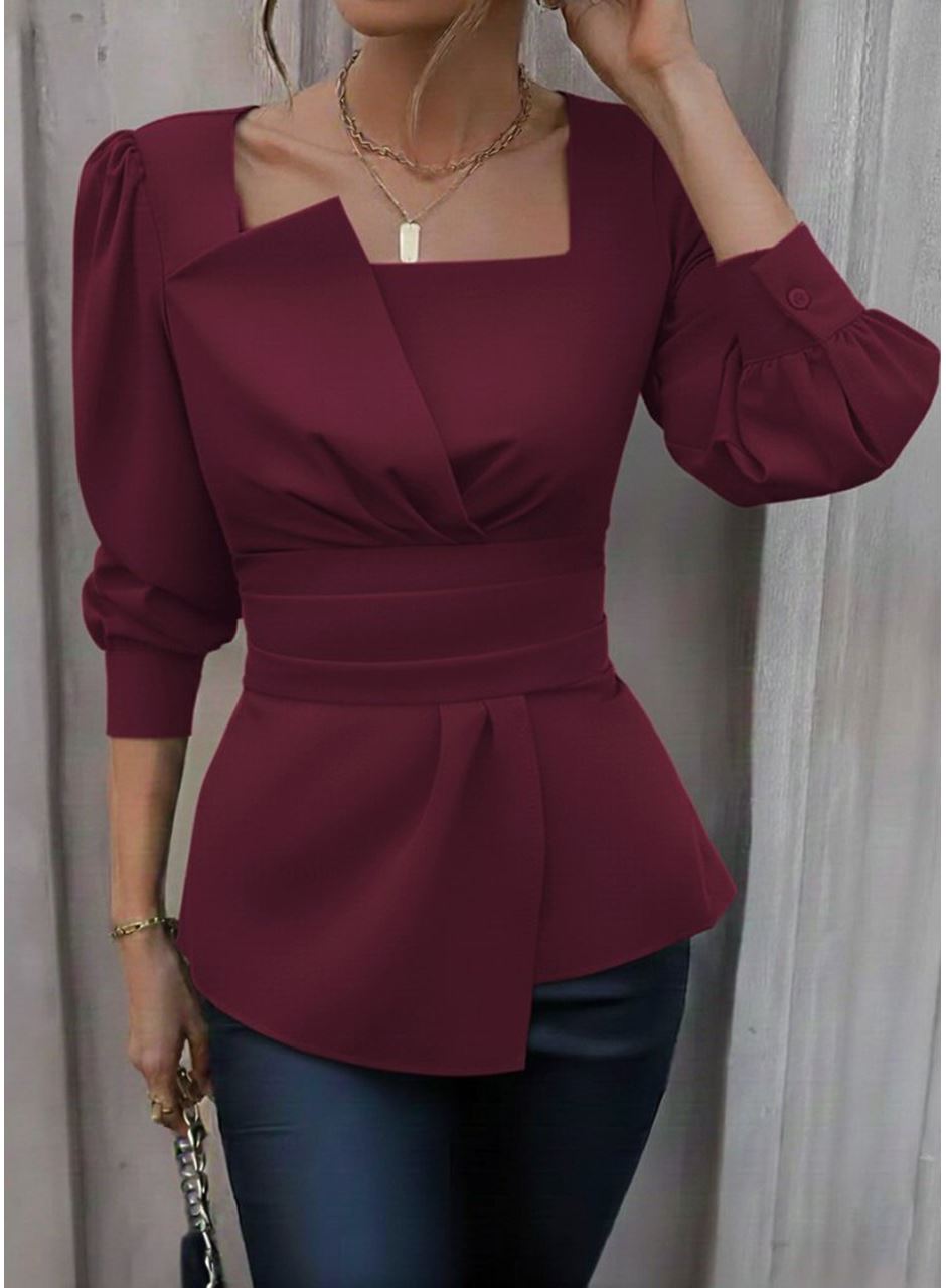 Kadın Uzun Kollu Geometrik Yakalı Belden Oturmalı Ithal Krep Bluz