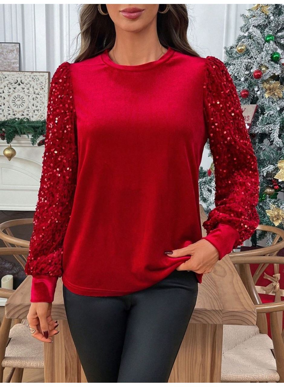 Kadın Uzun Kollu Bisiklet Yaka Kollar Pulpayet Kadife Bluz