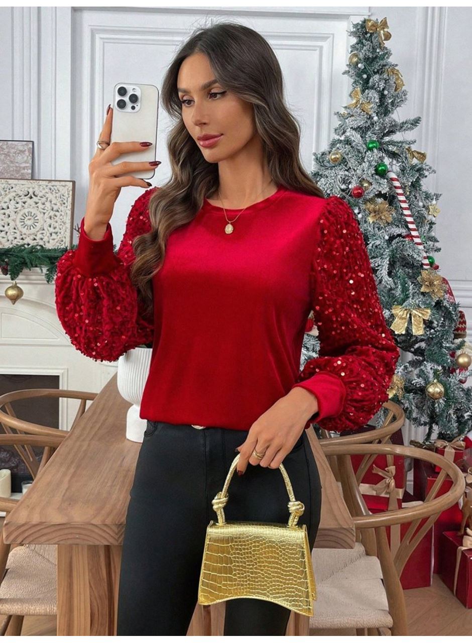 Kadın Uzun Kollu Bisiklet Yaka Kollar Pulpayet Kadife Bluz